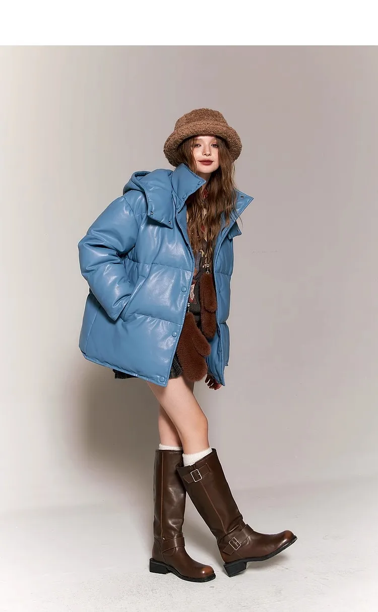 ELFSACK Korean Fashion Blue PU Down Coats Women 2023 Winter New Designer Outwears