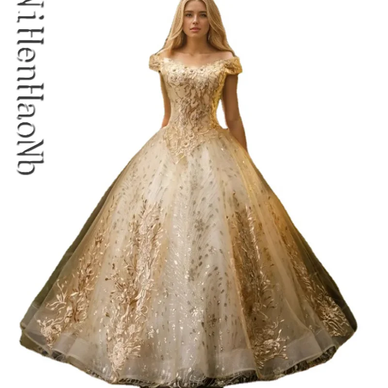 

Off The Shoulder Gold Color Quinceanera Dress 2023 Prom Dress Luxury Appliques Formal Ball Gown Vintage Vestido De Quincenera