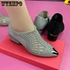 Soft Leather Mesh Sandals Hollow Water Diamond Pointed Toe Shallow Mouth Slip-on Low Heeled Women Boots Commuting Spring Autumn 1