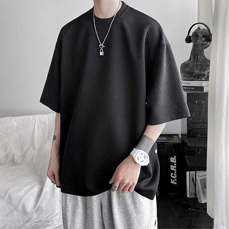 

Trendy Mens Short Sleeve T-shirts 2024 Summer Fashion Buttoned Side Slit Design Tops For Men Casual Solid Color Texture T Shirt