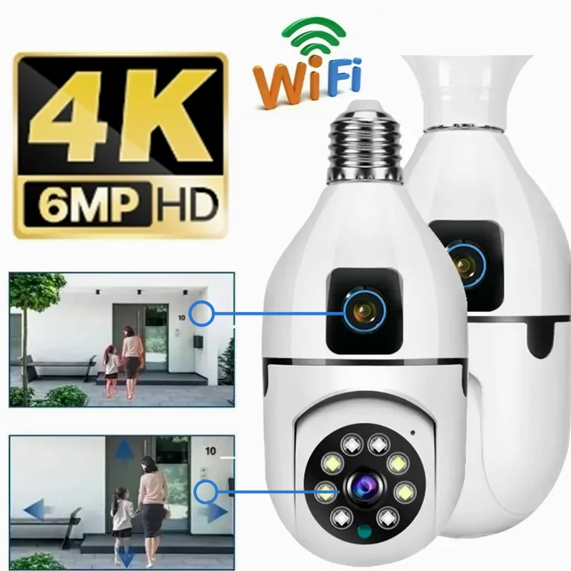 WiFi 6MP 4K E27 Bulb Panoramic Camera Dual Lens Indoor Surveillance Ai Human Tracking Wireless 8X Zoom PTZ Camera Home Monitor