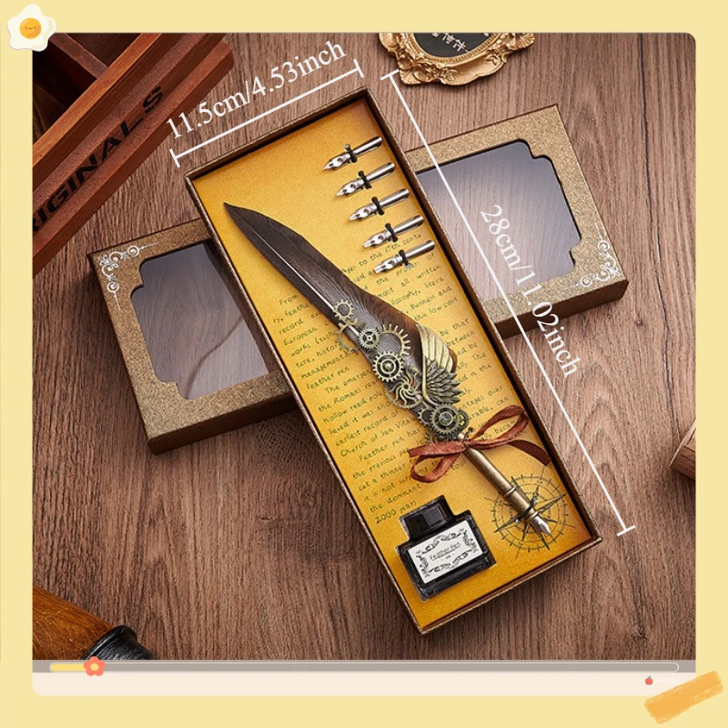 1 SET European Retro Feather Pen Dipped in Water, High Aesthetic Mechanical Punk Style Fire Paint Seal