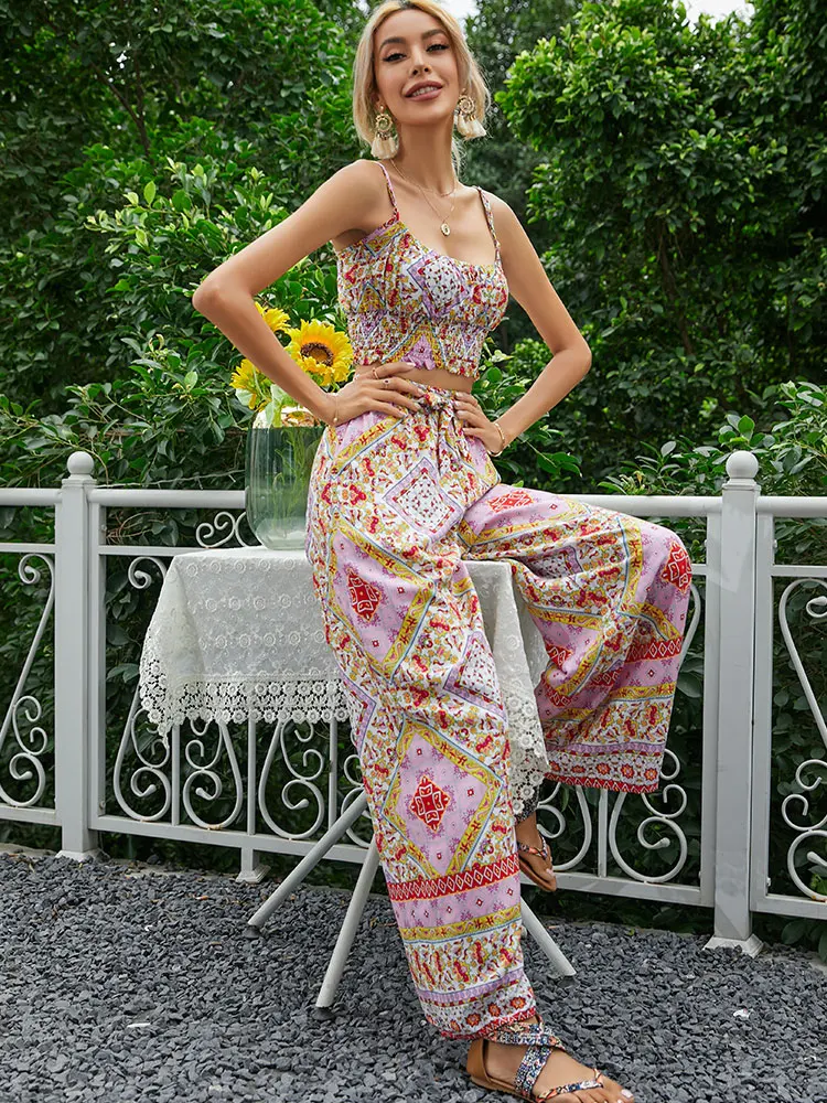 HH Women Fashion Print Pant Sets Sleeveless Strap Top Loose Casual Elastic Waist Trousers 2025 Summer Lady Bohemian Outfits