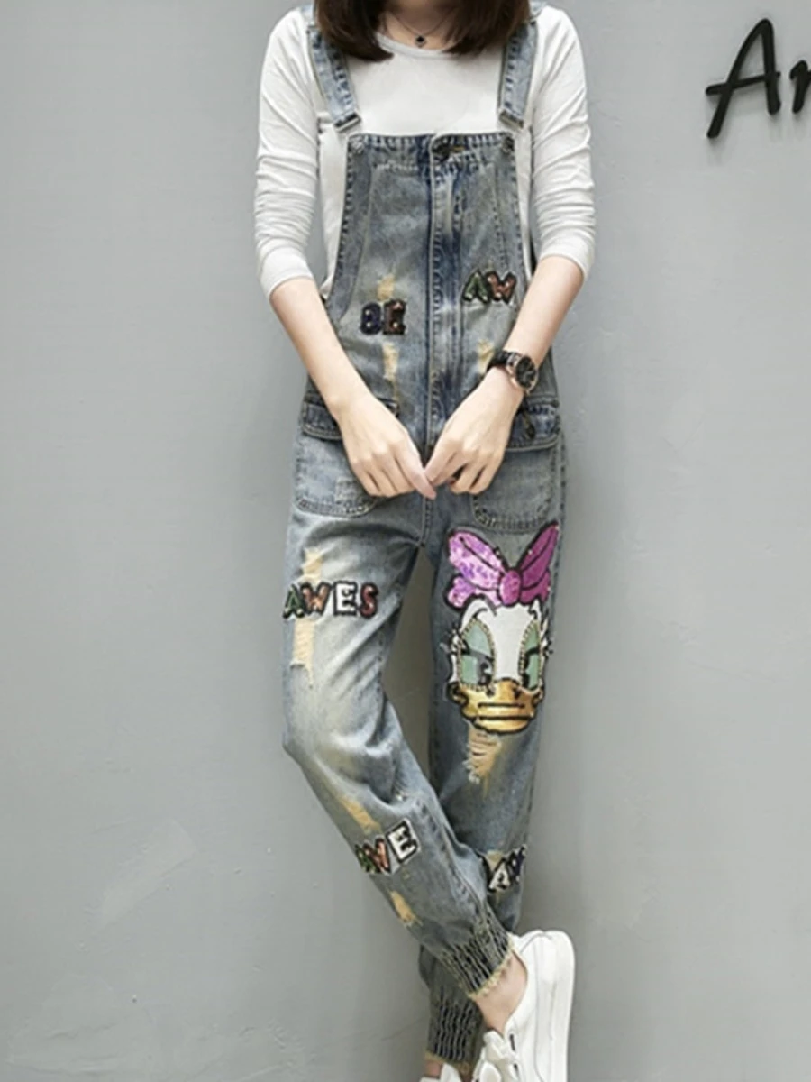 Female Spring and Autumn New Cartoon Sequin Bead Ripped Denim Suspender Pants Women&s Fashion Loose Casual Harem Pan