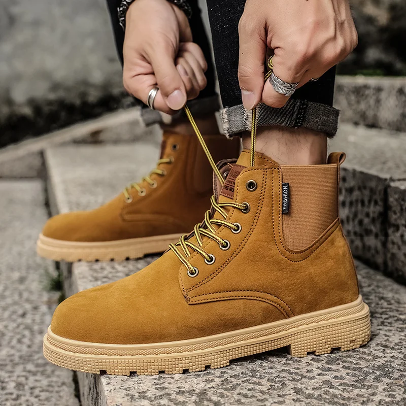 Autumn Winter Couple Leather Ankle Boots Classic Brown Work Boots For Men Comfort Anti-slip Men Outdoor Botas Para Hombre
