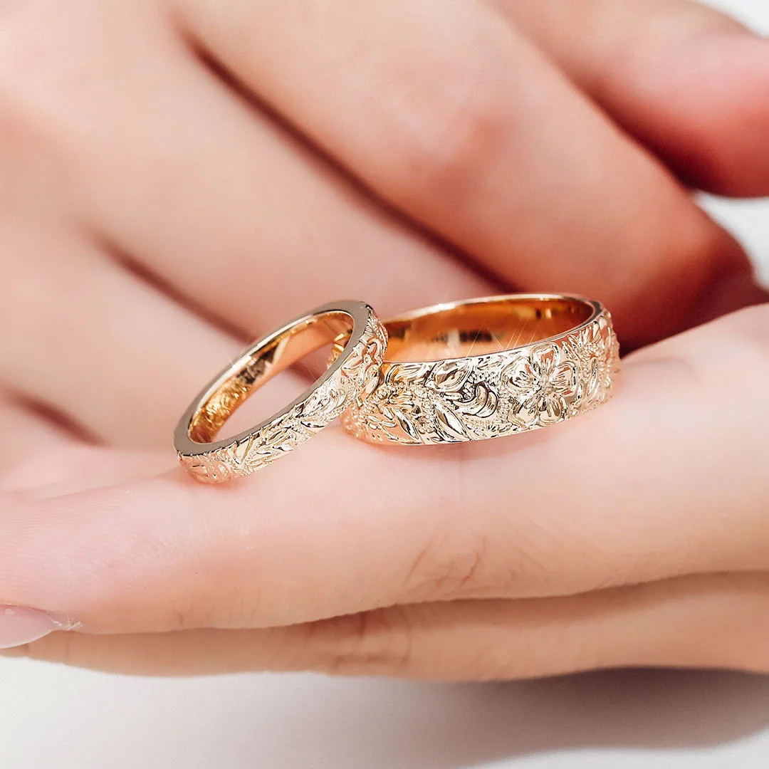 Provence 14K Yellow Gold Couple Ring Romantic Flower Branch