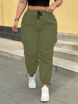 Women's Plus Size Olive Green Cargo Joggers  Summer Casual Woven Drawstring Pants with Side Pockets