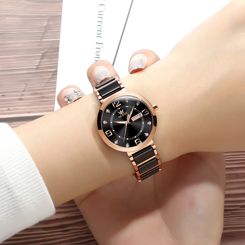 OLEVS New Ceramics Watchstrap Watch For Women Luxury Business Diamonds Wristwatch Fashion Waterproof Dual Calendar Woman Watches 4