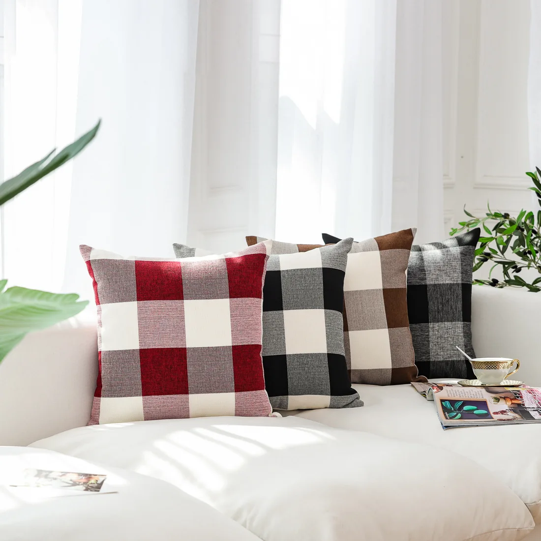 

Christmas Plaid Pillowcase Cotton Linen Black Red Plaid Pillow Cover Case Home Garden Sofa Cushion Backrest Pillow Case Living