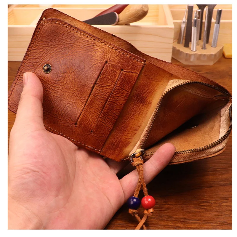 Hand gefertigte Brieftaschen aus braunem Leder für Männer mit Münz tasche Herren brieftasche aus reinem Leder mit Münz tasche mit Reiß verschluss – Detail 6