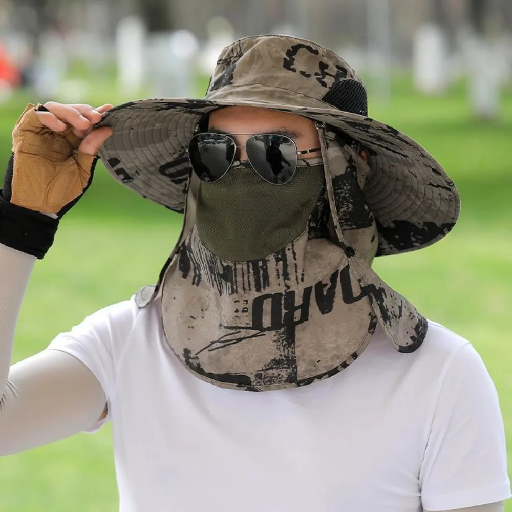 Anti-UV Wide Brim Sun Hat With Face Mask Adjustable Agricultural Work Hat Outing Hiking Fisherman Hat Breathable Beach Bucket 4