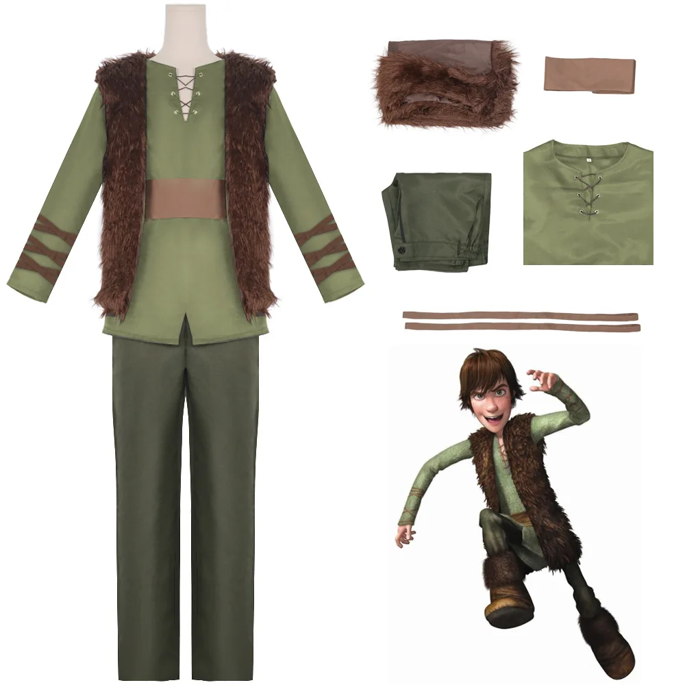 Anime-Dragon-Hiccup-Cosplay-Costume-Green-T-Shirt-Pant-Brown-Vest-Set