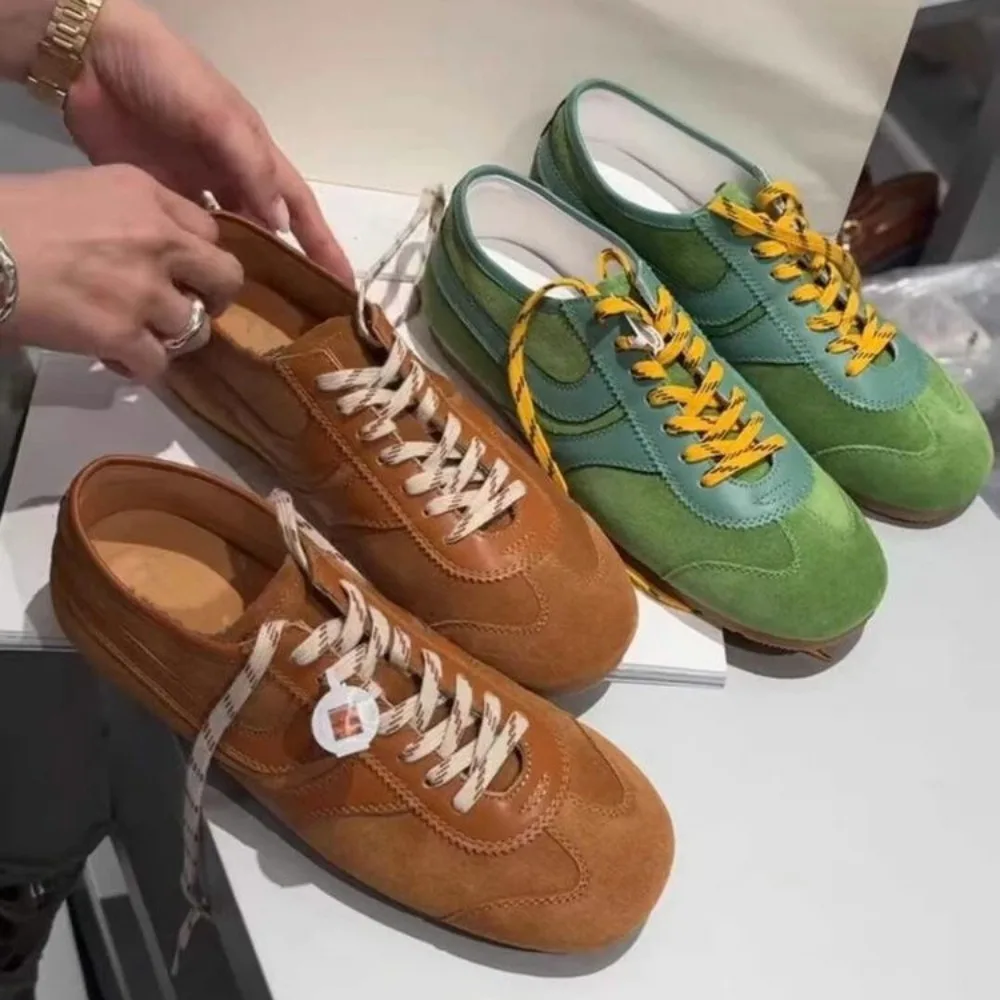 Leather Women's Casual Sneakers Designer Training Shoes Patchwork Lace-up Sneakers Leather Flat Women's Shoes
