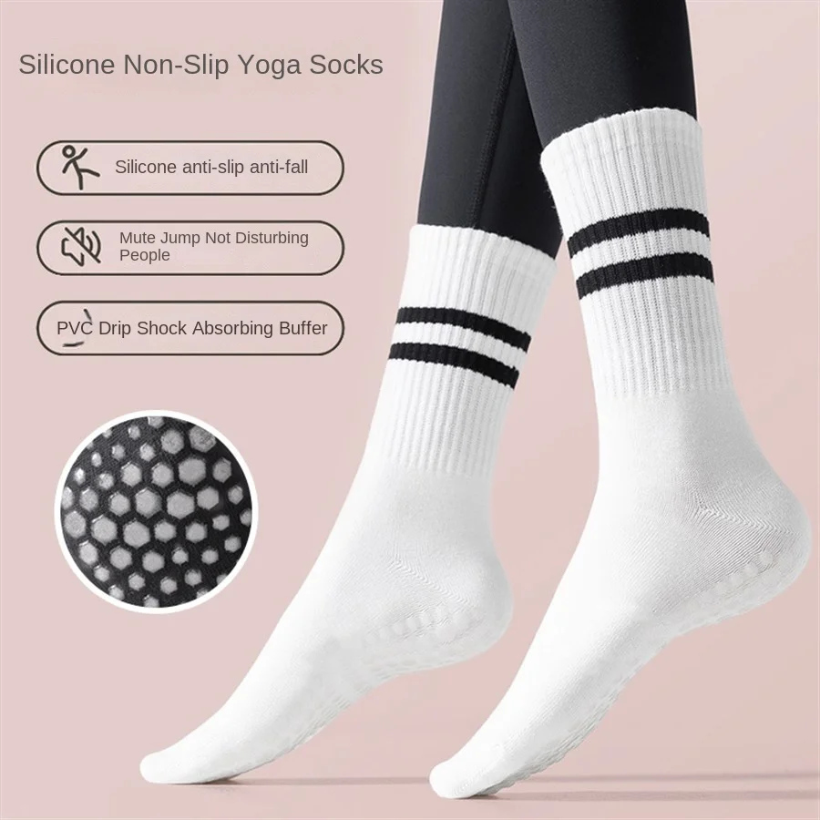 1 pair of women's yoga socks skipping rope sports socks Pilates indoor anti slip floor double bar mid leg socks