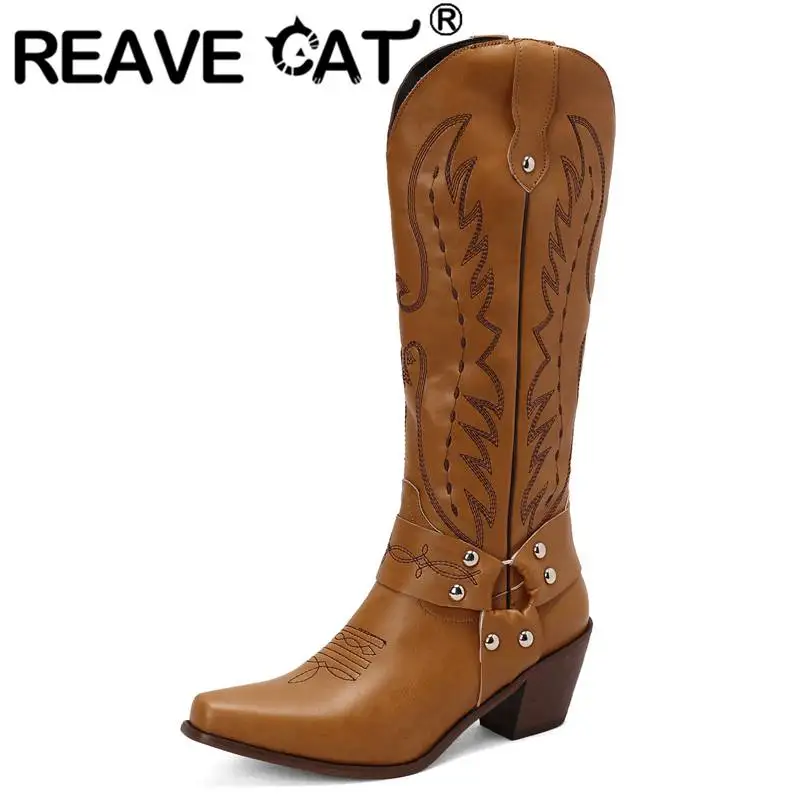 

REAVE CAT Women Knee Boots 32cm Western Boots Square Toe Chunky Heels 6cm Slip-on Embroidery Metal Decoration Plus Size 35-48