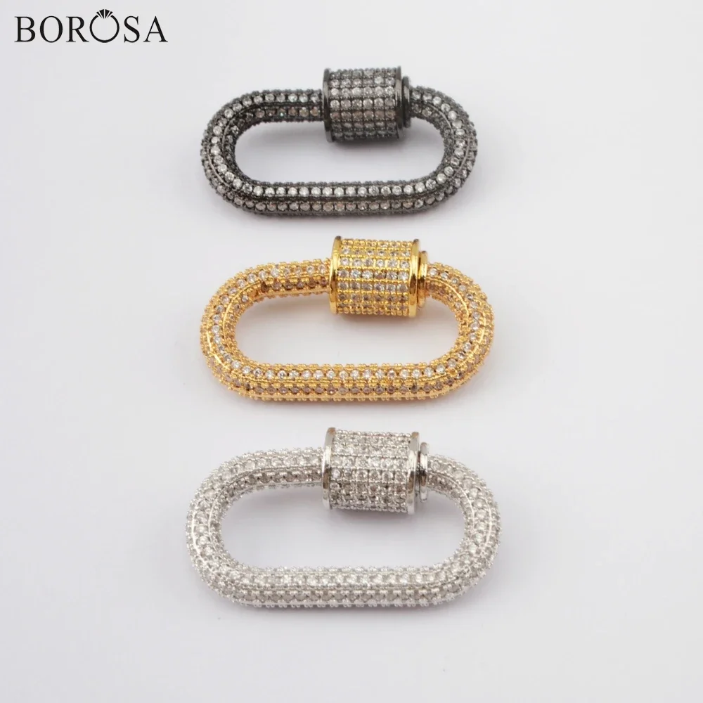 

BOROSA Minimalist Screw Metal Clasp Crystal Zirconia Oval Shaped Charm Spiral Golden Color Hook Accessories for Necklace Pendant