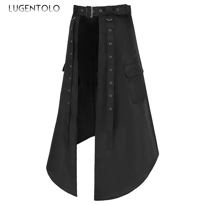 Men Dark Rock Skirt Punk Steam Gothic Party Fashion Solid New Large Size Men's Personality Black Rivet Asymmetric Half Skirts 3
