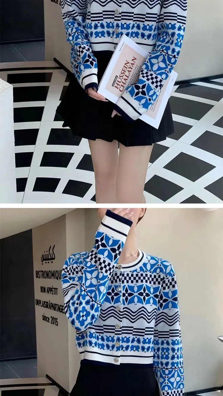 Description Picture 4 of itemJacquard Cropped Knit Cardigan Monogram Flower Tile Thick Sweater Luxury Brand Women Tops Autumn Winter Knitwear Coat Clothing