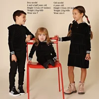 AA-velour hooded set tired dress with hooded lining striped shirt and baby footie romper ribbed family clothing dress for girls 2