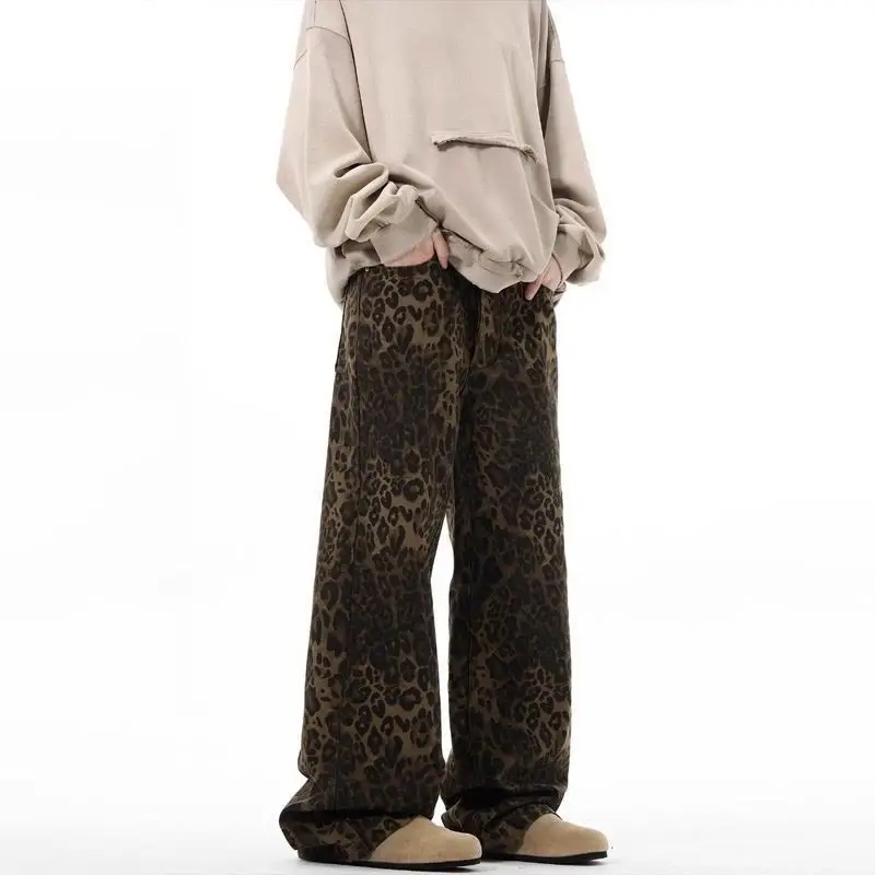 American original new retro leopard print jeans straight-leg loose men Korean style niche fashion casual versatile trendy pants