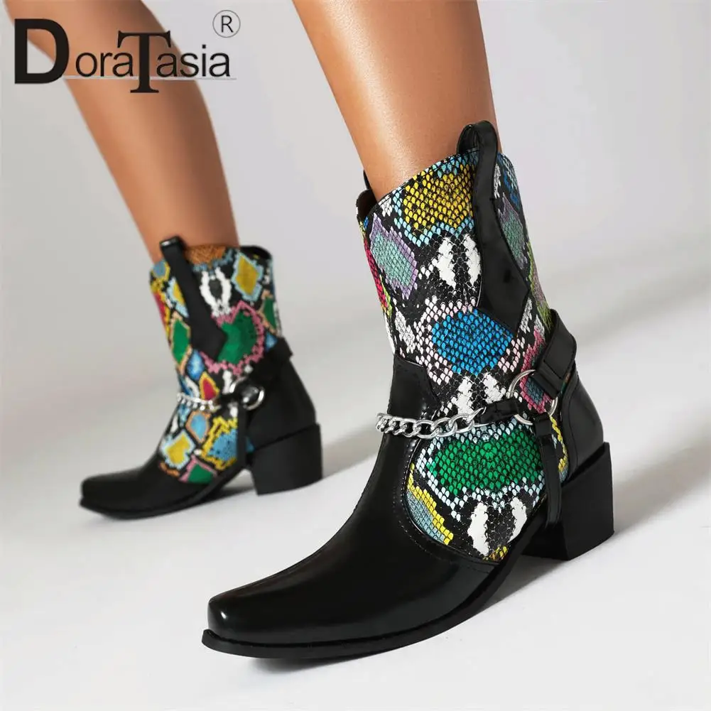 Plus Size 48 Brand New Ladies Mixed Colors Cowboy Boots Fashion Chain Chunky Heels women's Cowgirl Boots Party Woman Shoes