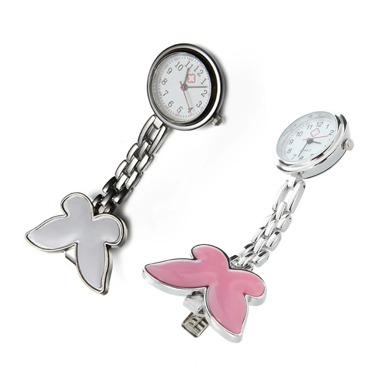 

2 Pcs Nurses Clock Heart Rate Monitor Pocket Watch Quartz Butterfly Motive White & Pink