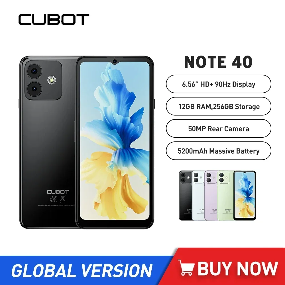 Cubot Note 40 Ultrathin Smartphones Octa-core 12GB+256GB 6.56 Inch HD 50MP Camera 5200mAh Android 13.0 Mobile Phone Face ID GPS