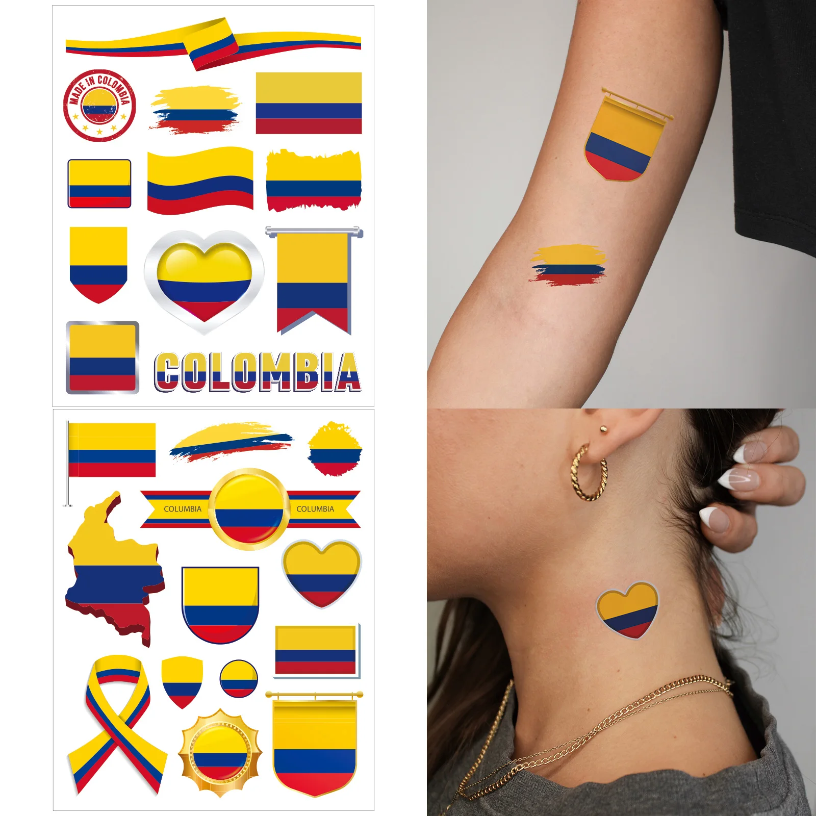 2 Sheets Colorful Colombia Flag Series Waterproof Tattoo Stickers For Women Men