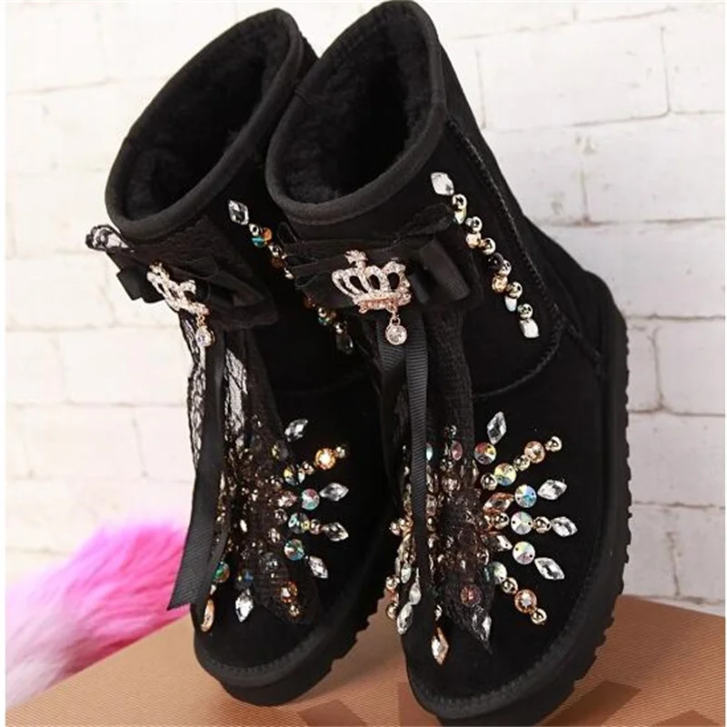 

Leather plus velvet heightened women's shoes handmade custom black rabbit fur nude boots fashion warm rhinestone boots 35-44