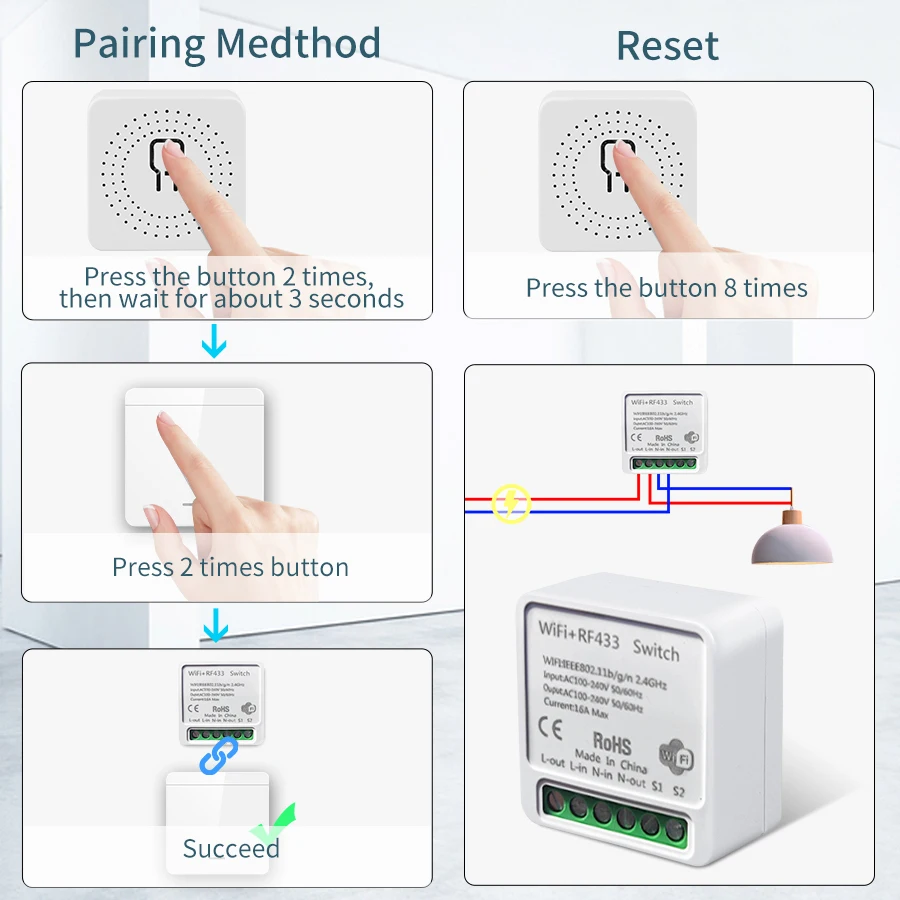 16A/20A Tuya WiFi 스마트 스위치 1/2/3 Gang RF 433MHz 무선 벽면 패널 스위치는 LED 램프용 Alexa Google Assistant와 함께 작동합니다.