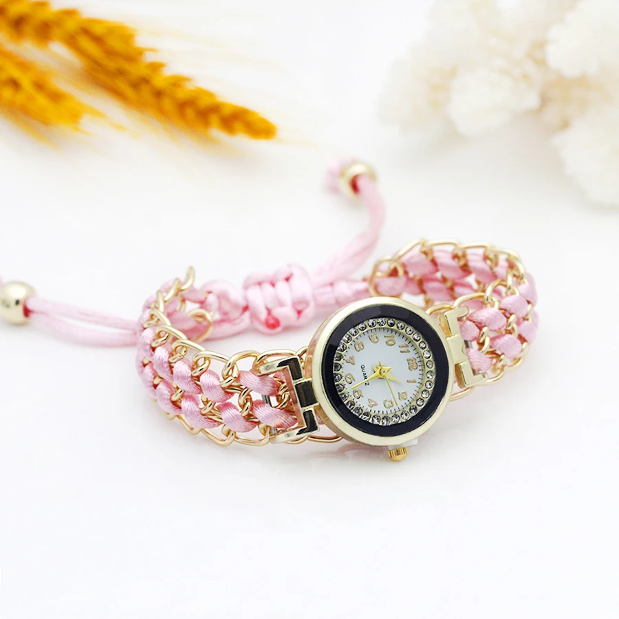 Gold Women Dress Watch New Ladies Flower Hand-knitted Wristwatch Color Sparkling Rhinestone Fabric Clock Sweet Girl Watch