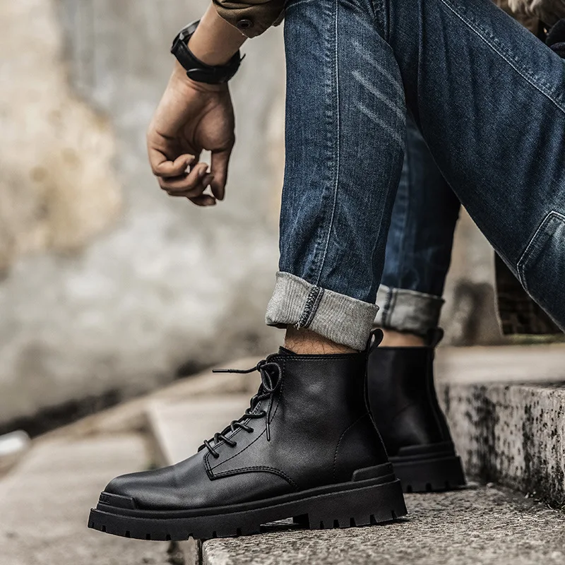 

Winter Six-hole Black Boots Men's Plus Velvet Warmth High-top Thickening Cold-proof Punk Fan Car Leather Boots