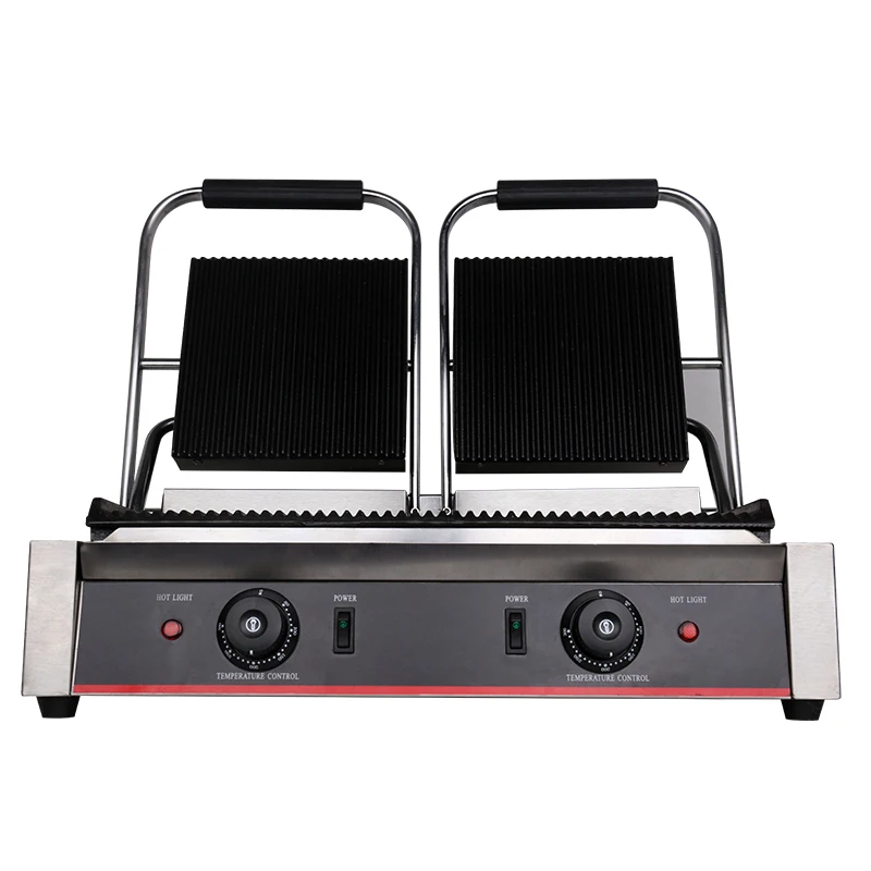 New Commercial Electric Stripe Contact Grill Panini Press Plates Sandwich Press Plates Eelctric Steak Contact Grill Double