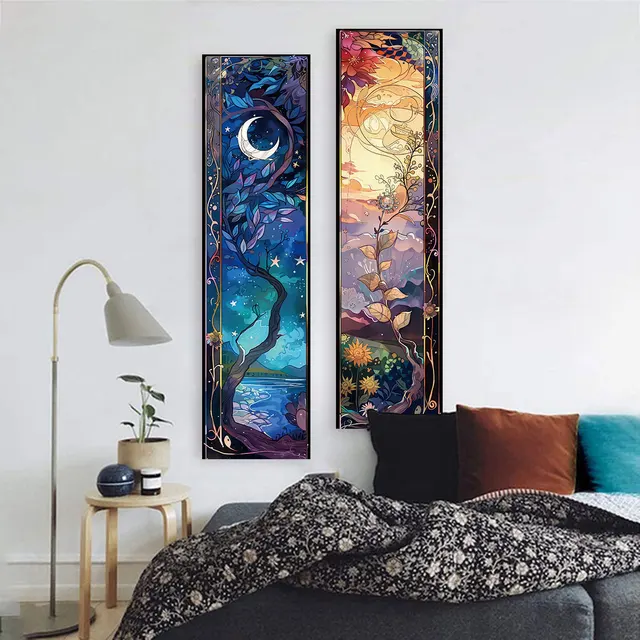 Bannière verticale de paysage, tapisserie soleil et lune, arbre de vie, décoration murale florale de nuit étoilée, tapisserie esthétique, décoration de maison 2