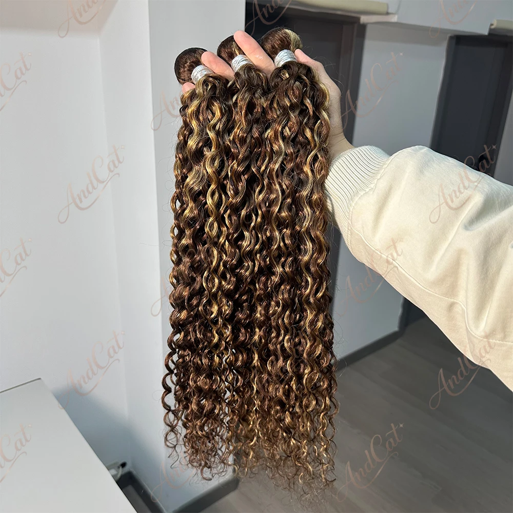 Highlight Water Wave 100% Human Hair Bundles 1 3 4 Pcs Deep Wave P4/27 Brown Color Remy Hair Ombre Extentions For Women 2