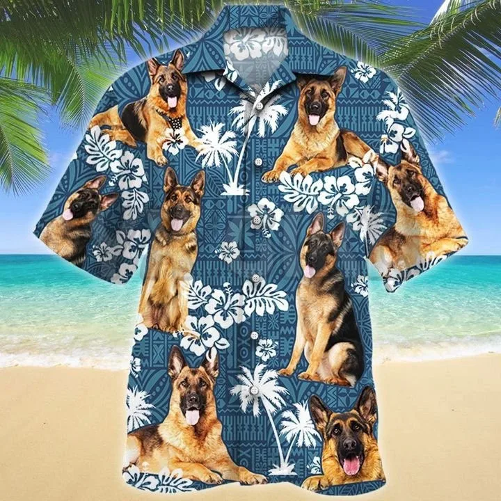 

German Shepherd Blue Tribal Pattern 3D All Over Printed Hawaiian Shirt Men's For Women's Harajuku Casual Shirt Unisex
