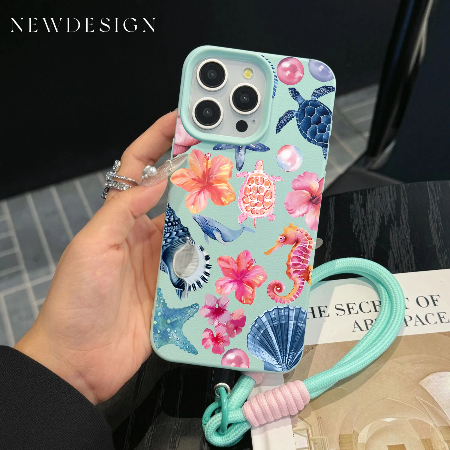 Shockproof Lichee Pattern Phone Chain Lanyard Case with Starfish Coral Jellyfish Design