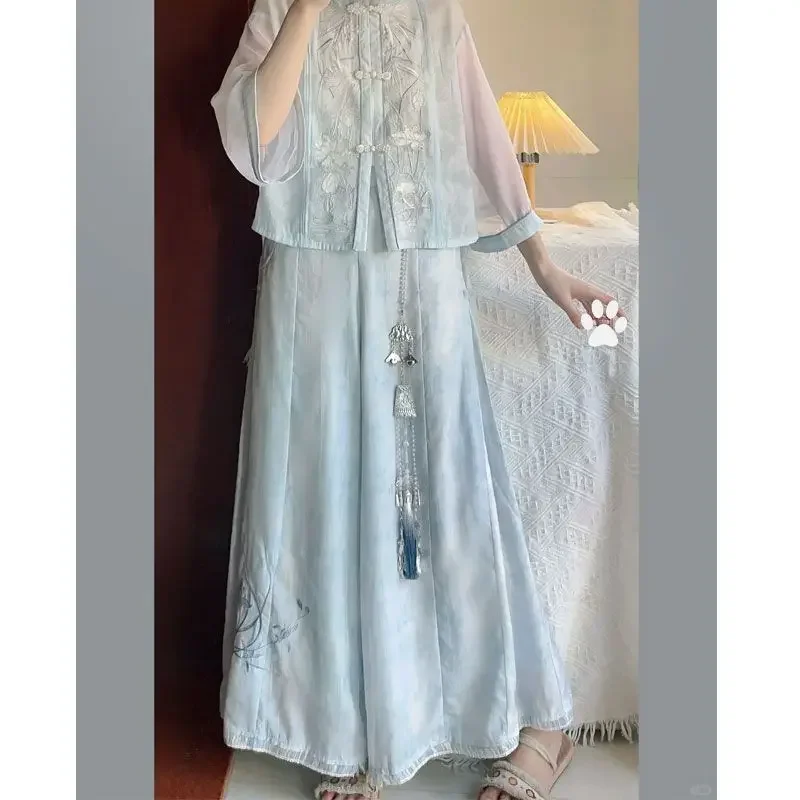 National Style Blue Round Neck Lotus Embroidered Long Sleeved Tang Suit Women's Summer Casual Top Shirt Pants Chinese Clothes