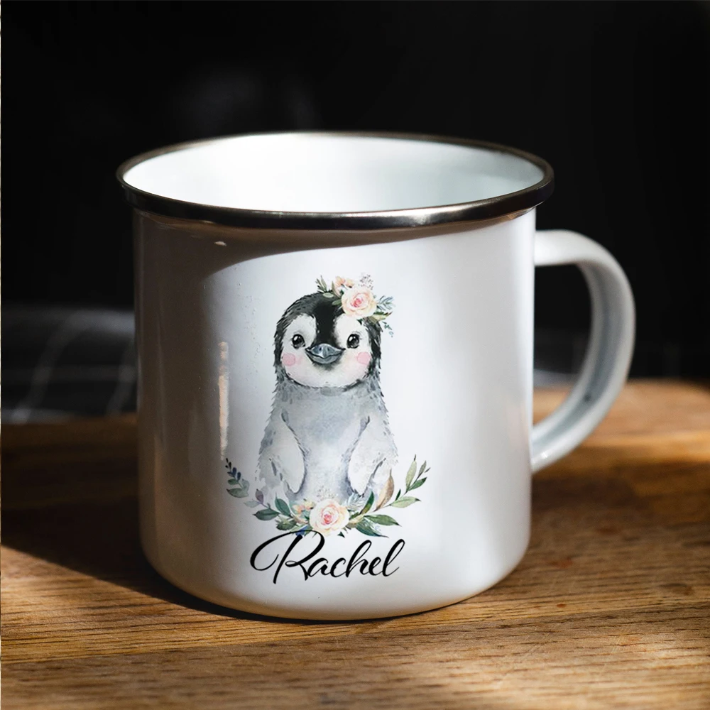 

Personalized kids name penguinEnamal Mug 11oz Home Tea Cup Girl Birthday Gift Mug