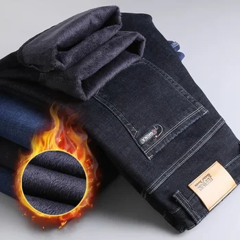 2025 Winter Thick Slim Denim Pants Brand Trousers Black Plus Size 40 New Men's Warm Jeans Business Casual Elasticity 1