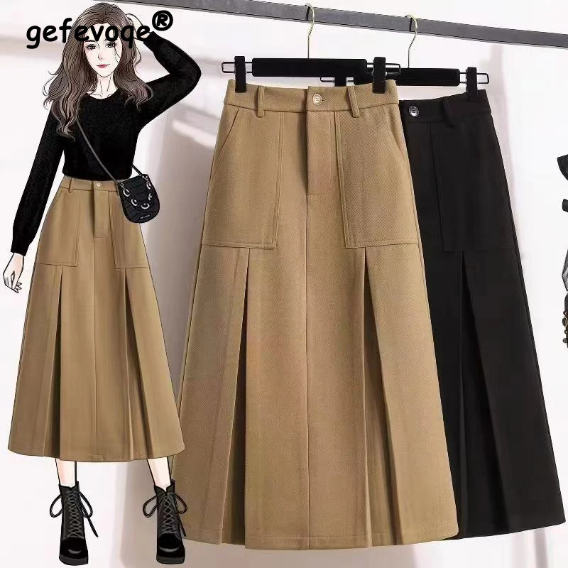 Women Clothing Autumn Winter Vintage Elegant Chic Pleated Woolen Skirts ...