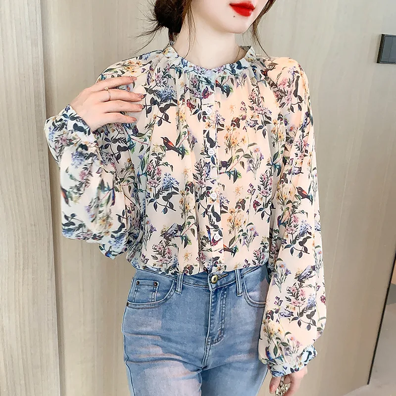 

2022 Autumn Long Sleeve Top Vintage Printed Blouse Floral Loose Office Lady Casual O Neck Baggy Blusa Women Elegant OL Tunic
