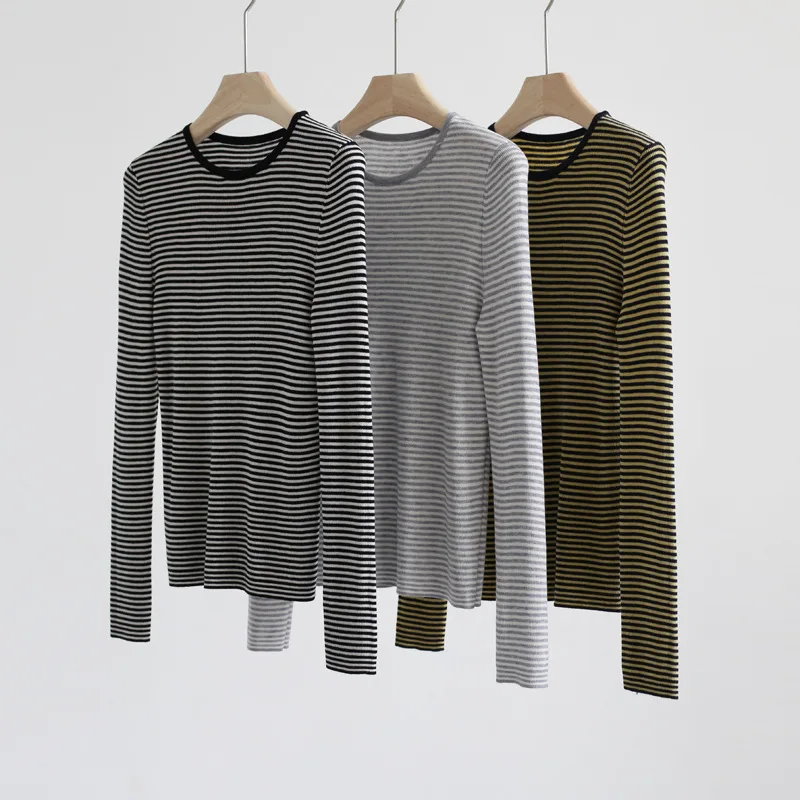 

Autumn Winter Small Round Neck Fine Stripe Knit Long Sleeve Pullover Top Slim Fit and Slim Western Style Korean Underlay Shirt