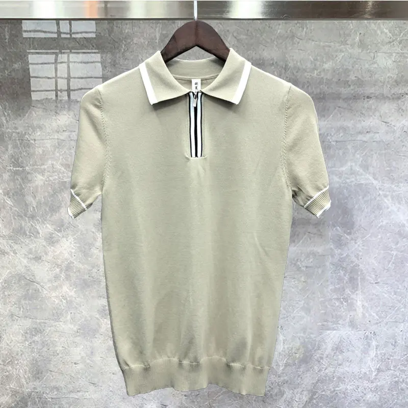 

British Contrasting Stripes Casual Slim Lapel Polo Men's Shirt Summer Zipper Knit Lapel T-shirt Polo Camisa Hombre Mannen Polo