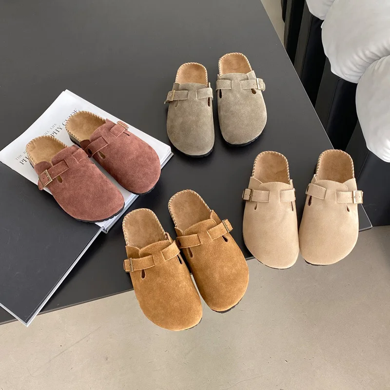 

2023 Spring Women's Closed Toe Slippers Cow Suede Leather Clogs Sandals For Women Retro Fashion Garden Mule Clog Slides 35-39