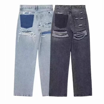 Jeans Women Denim Pant Straight Trousers Wide Leg Long Pants High Waist Y2k Streetwear Casual Mom Jeans Splice Elegant Work 1