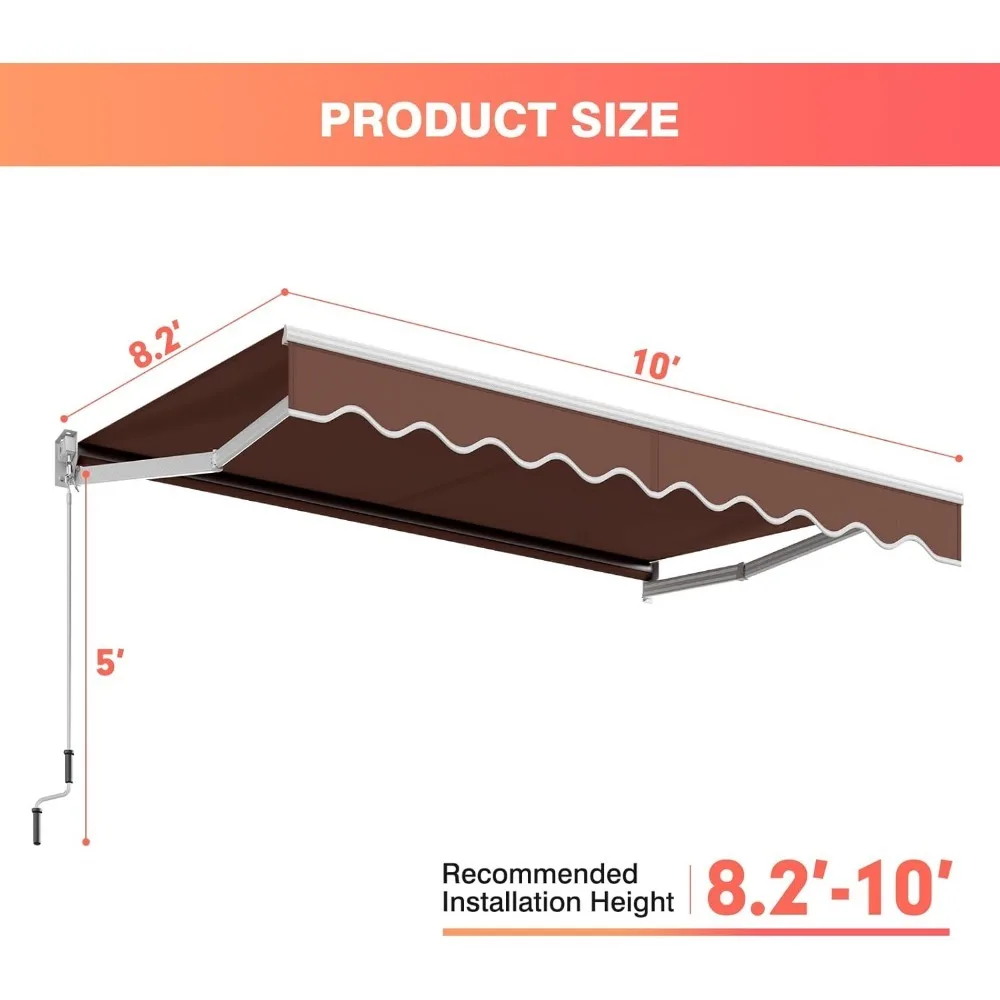 10 x 8.2Ft Retractable Awning, Aluminum Patio Sun Shade w/Crank Handle and Water-Resistant Polyester, Outdoor Manual Retractable 6