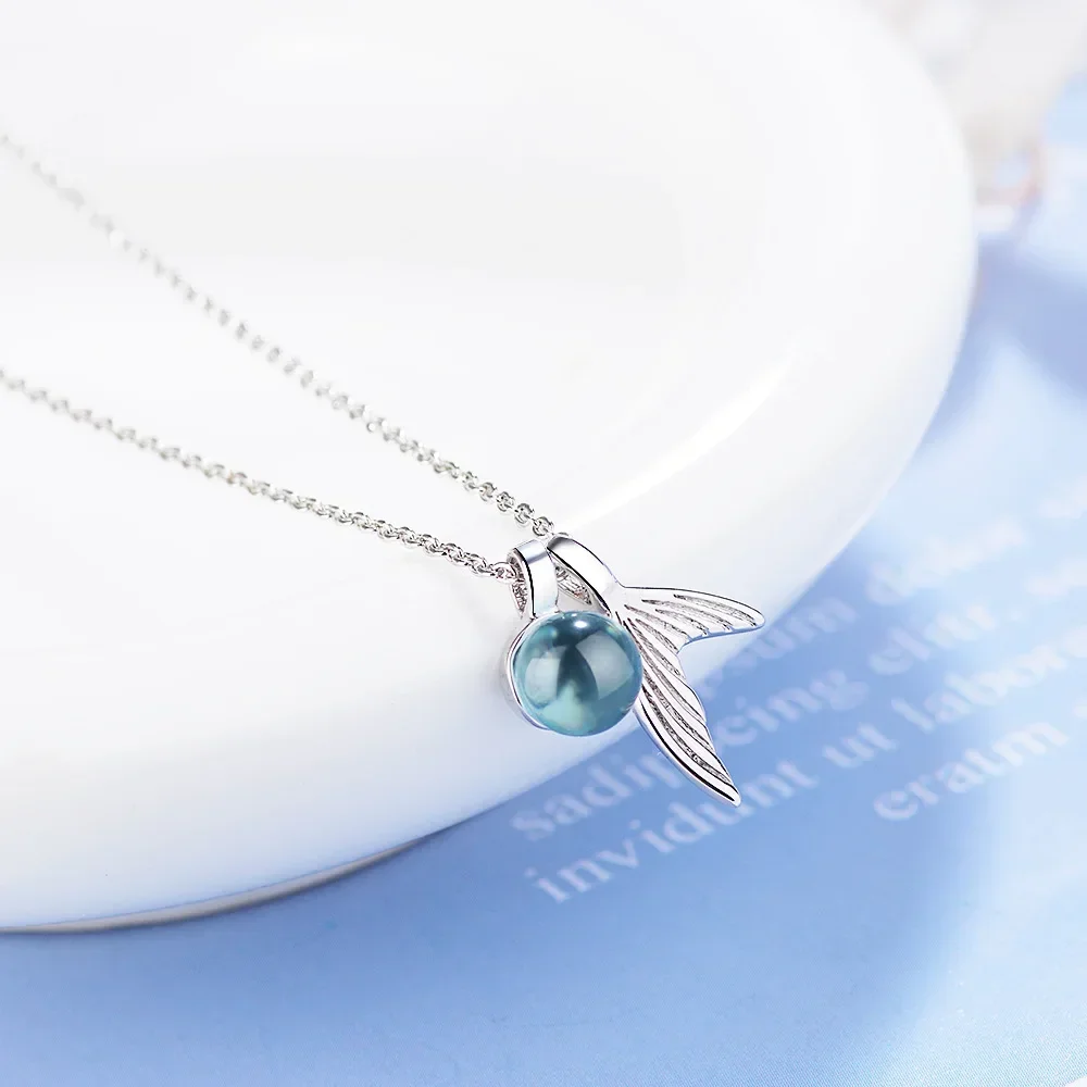 Lihong S925 Sterling Silver Women's Sapphire Bead Mermaid Tail Pendant Necklace (40cm+3.5cm) Luxury Jewelry pendant necklace