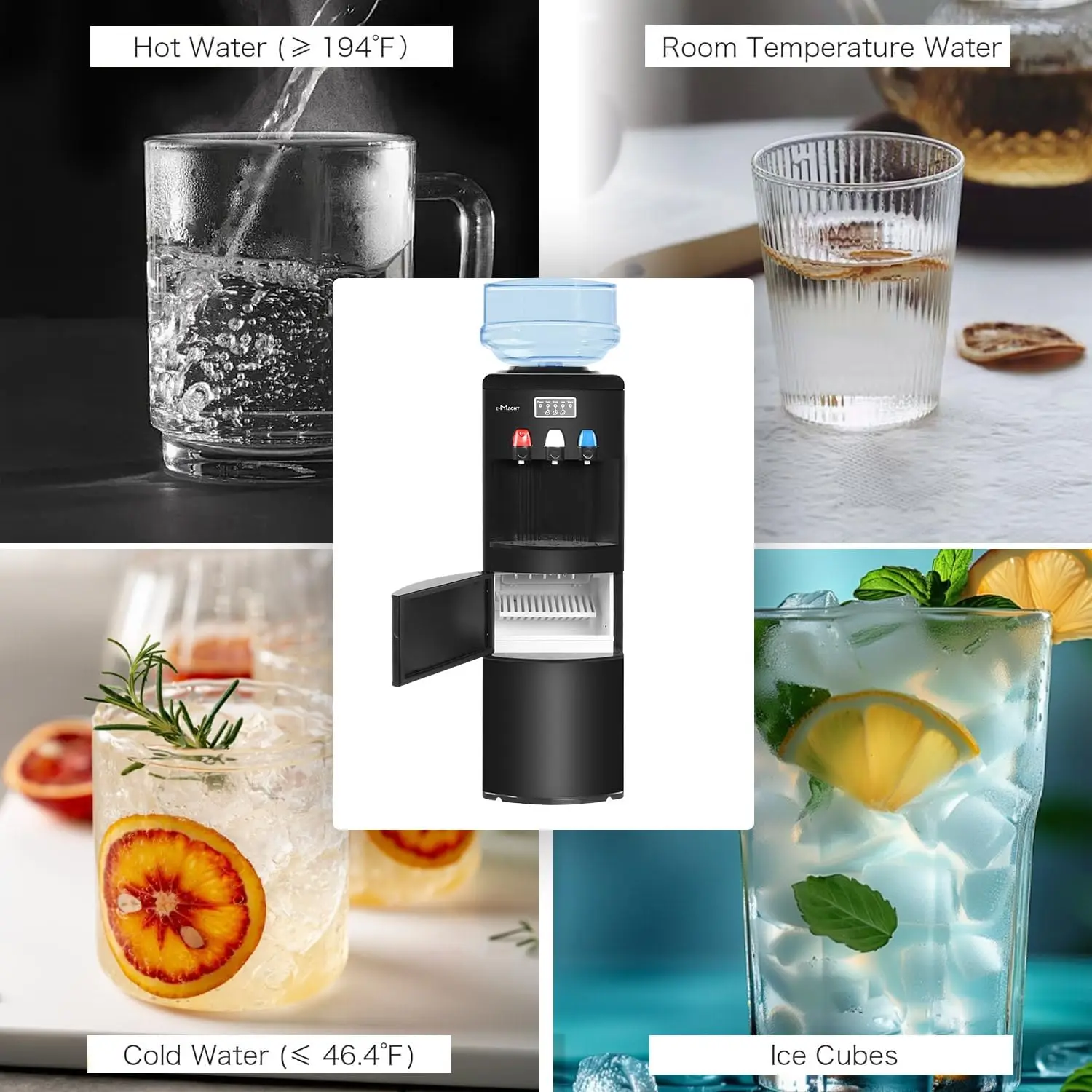 Built-in Ice Maker, Water Cooler Dispenser for 3-5 Gallon Bottle with a Scoop, Ice-Making Chamber, Child Safety Lock (Black) 3
