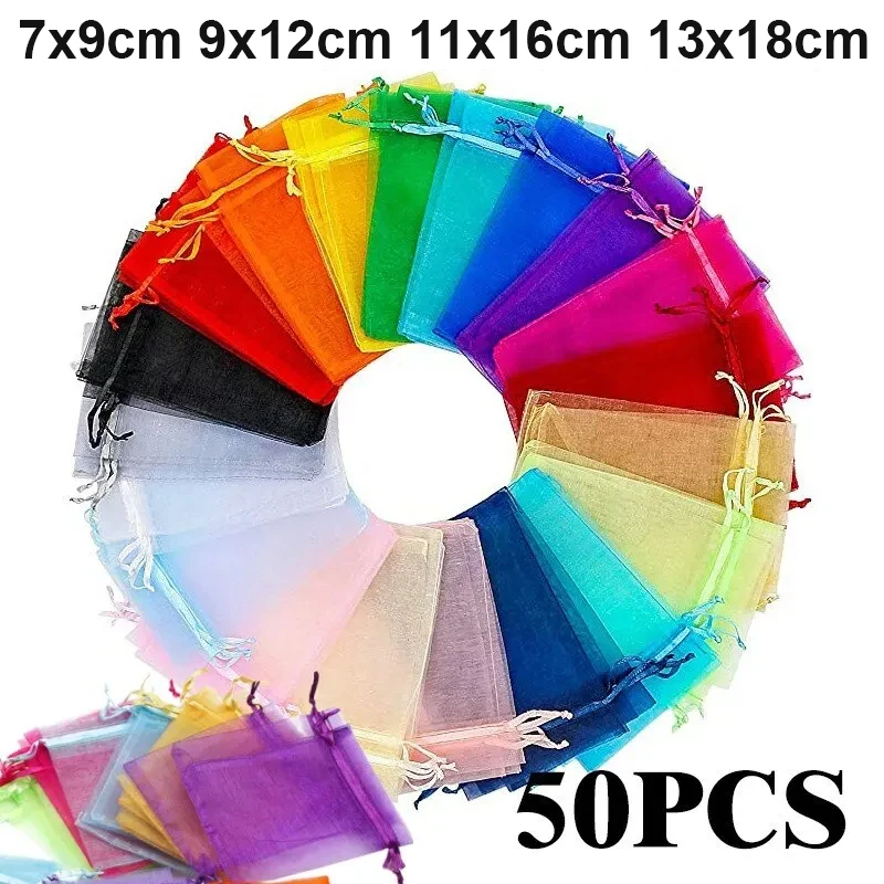 Jewelry Packaging Bags 50pcs/Lot Multicolor Jewelry Packaging Bag 7*9 9*12 11*16 13*18 Organza Bags Gift Storage Wedding Drawstring Pouches
